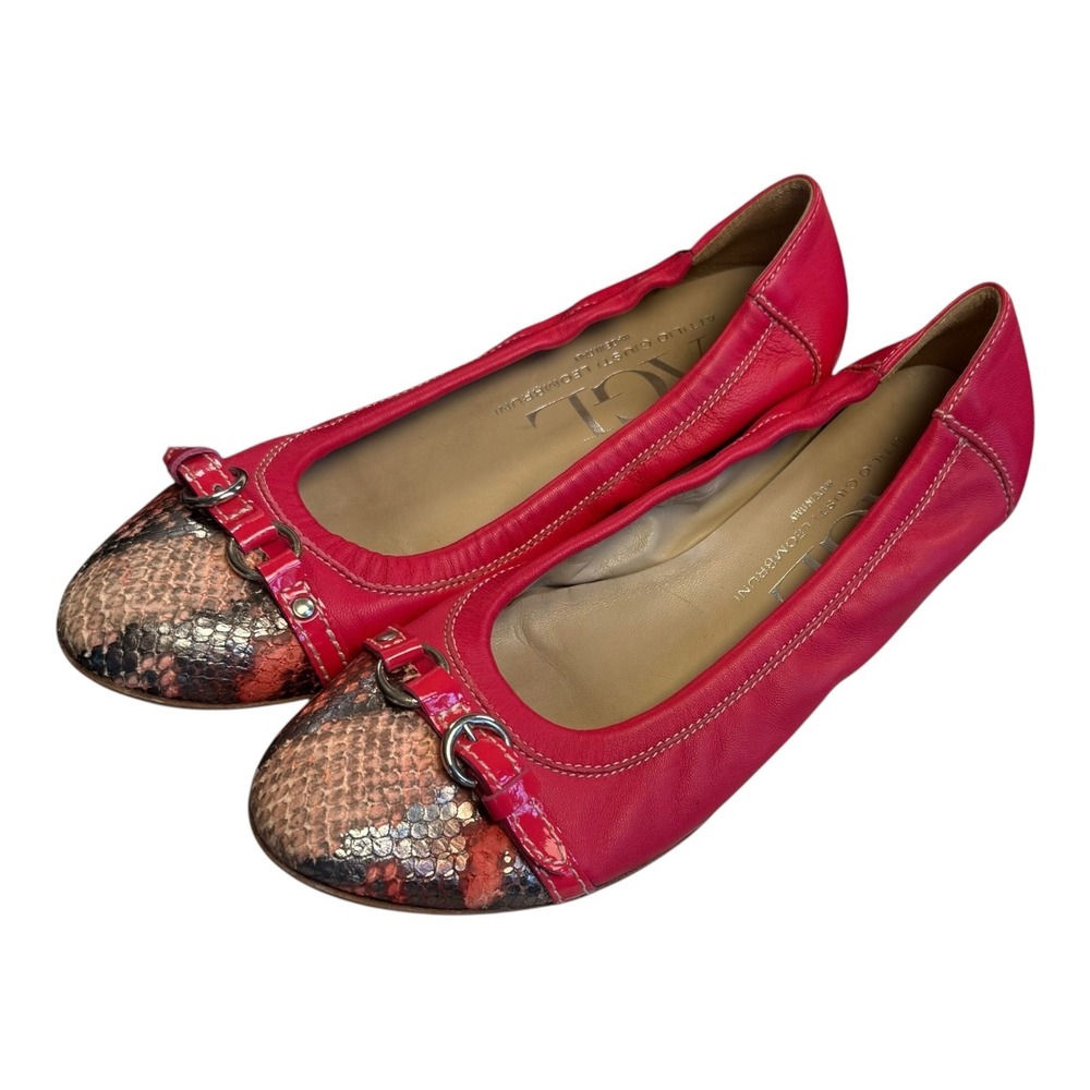 AGL Attilio Giusti Leombruni Pink Leather Snakeskin Cap Toe Ballet Flats 38